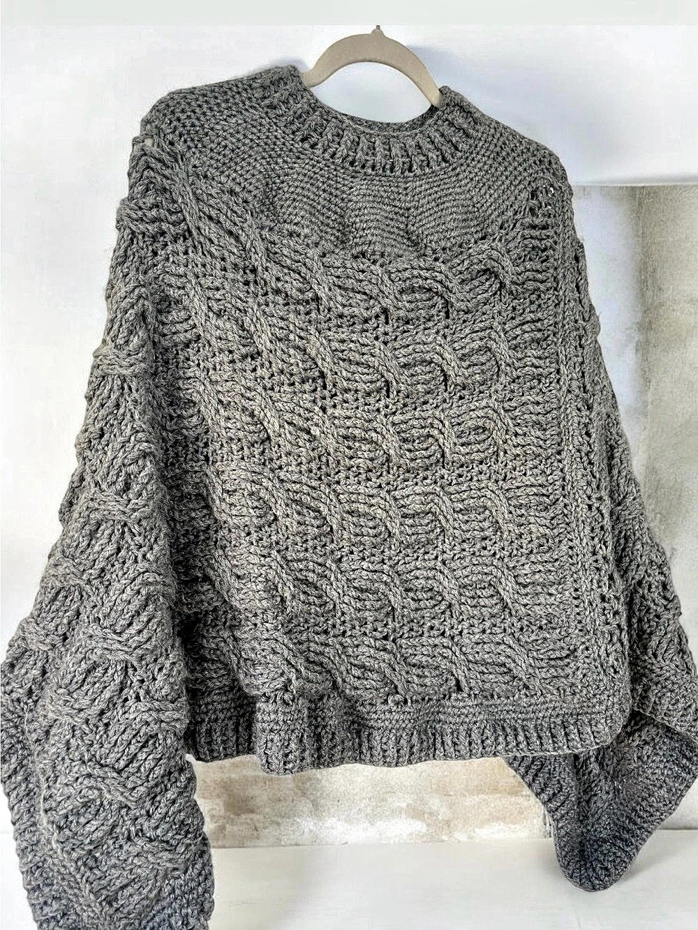 Handmade, beautiful cable knit poncho, Heather Gray size large cotton blend.